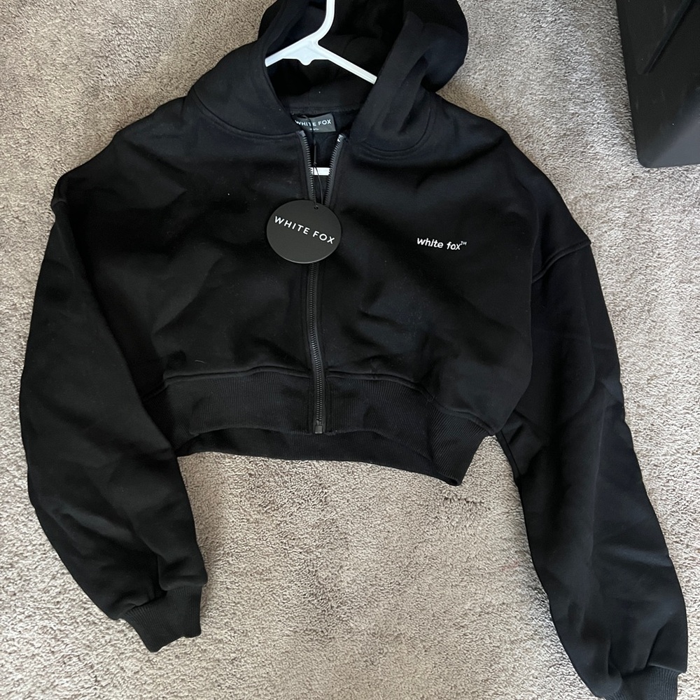 White Fox Black Cropped Hoodie